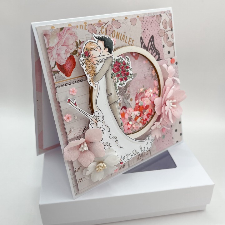 Kartka ślubna premium z shakerem i kwiatami 3D – para młoda, rękodzieło Marta Zaborowska