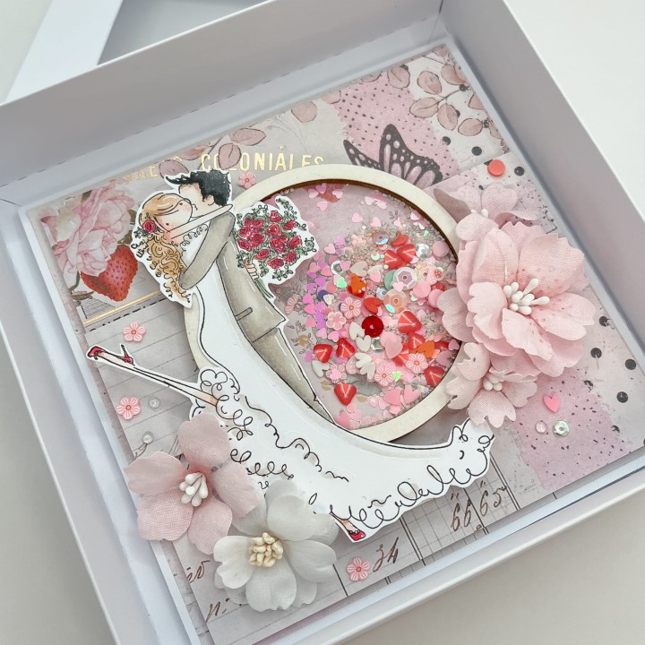 Kartka ślubna premium z shakerem i kwiatami 3D – para młoda, rękodzieło Marta Zaborowska