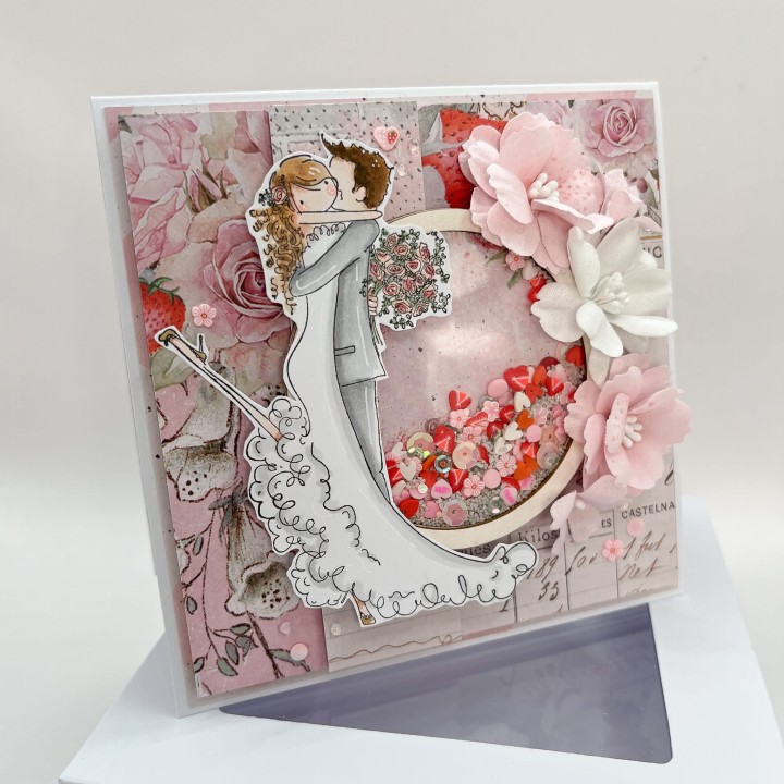 Kartka ślubna z shakerem, parą młodą i kwiatami 3D w pudełku – rękodzieło Marta Zaborowska