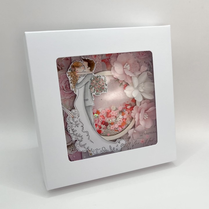 Kartka ślubna z shakerem, parą młodą i kwiatami 3D w pudełku – rękodzieło Marta Zaborowska