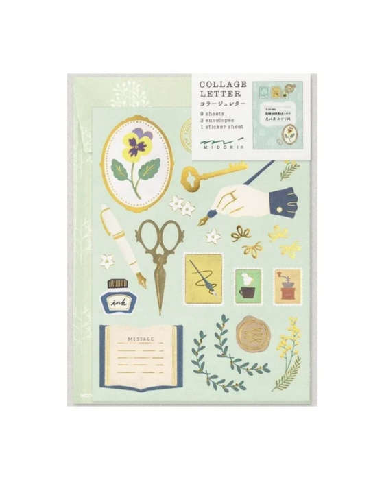 Zestaw papeterii Midori Collage 923 – papier listowy, ozdobne koperty i naklejki