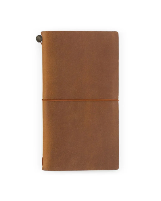 Skórzany notes TRAVELER'S notebook Regular w kolorze CAMEL, z gładkim papierowym wkładem i akcesoriami.
