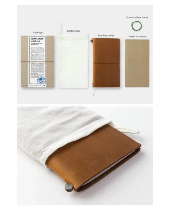 Skórzany notes TRAVELER'S notebook Regular w kolorze CAMEL, z gładkim papierowym wkładem i akcesoriami.