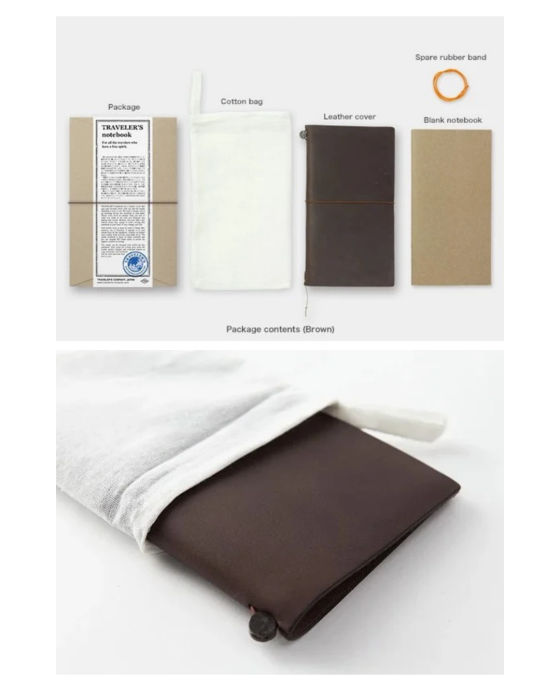 Skórzany notes TRAVELER'S notebook Regular w kolorze brzowym, z gładkim papierowym wkładem i akcesoriami.