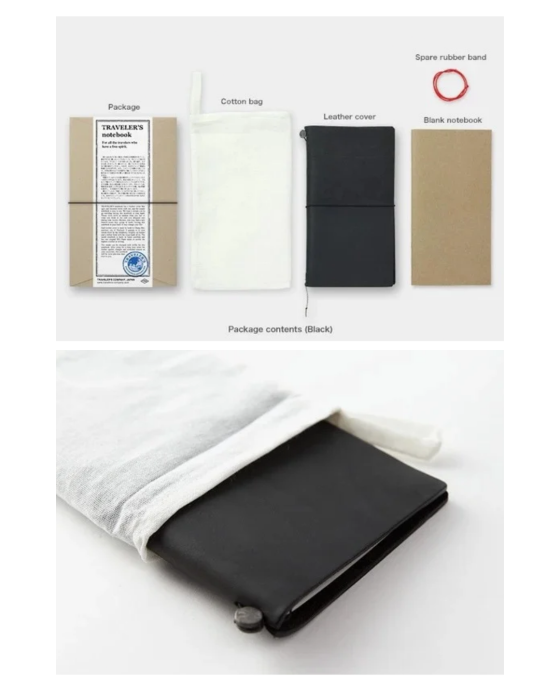 Skórzany notes TRAVELERS notebook Regular w kolorze CZARNYM, z gładkim papierowym wkładem i akcesoriami.