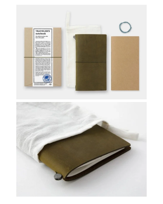 Skórzany notes TRAVELERS notebook Regular w kolorze oliwkowy, z gładkim papierowym wkładem i akcesoriami.