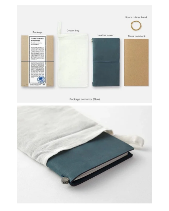 Skórzany notes TRAVELERS notebook Regular w kolorze niebieski, z gładkim papierowym wkładem i akcesoriami.