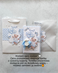 Ręcznie robiona kartka na roczek dla chłopca z misiem, błękitnymi balonami, suszonymi kwiatami i ozdobną kopertą