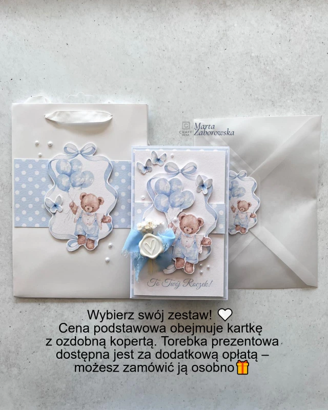 Ręcznie robiona kartka na roczek dla chłopca z misiem, błękitnymi balonami, suszonymi kwiatami i ozdobną kopertą