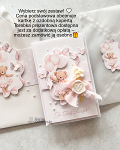 Ręcznie robiona kartka na roczek dla dziewczynki z misiem, błękitnymi balonami, suszonymi kwiatami i ozdobną kopertą