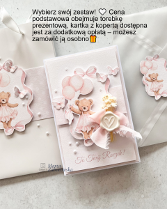 Biała torebka prezentowa na roczek dla dziewczynki z ręcznie przygotowaną dekoracją